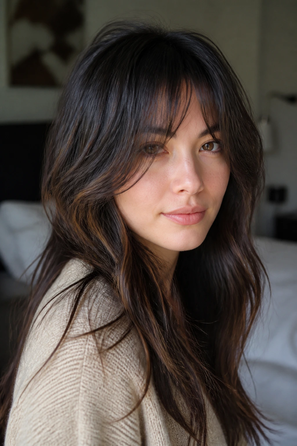 Close-up of long bottleneck bangs centered near the brows on a real woman