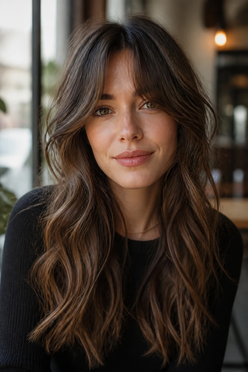 Real woman with bottleneck bangs and long waves under cafe window light