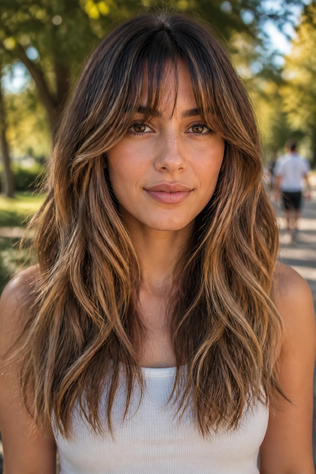 Close-up of a real woman with bottleneck bangs and long layered waves in a sunny park