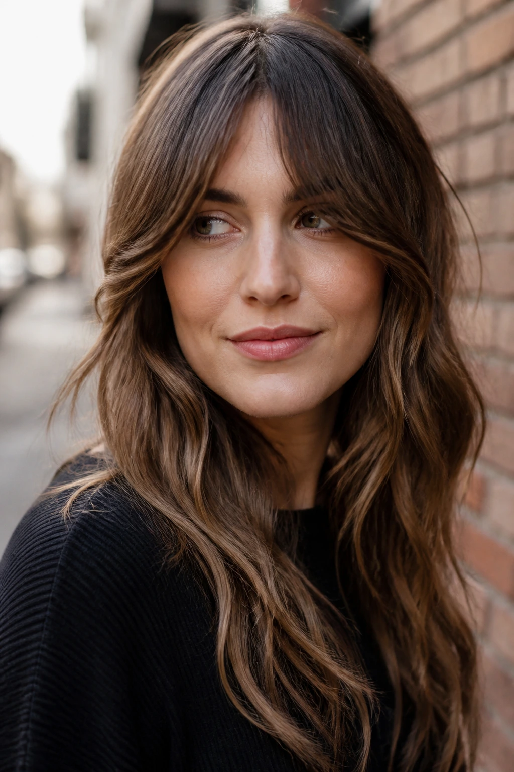 Portrait of a woman with bottleneck bangs framing the face