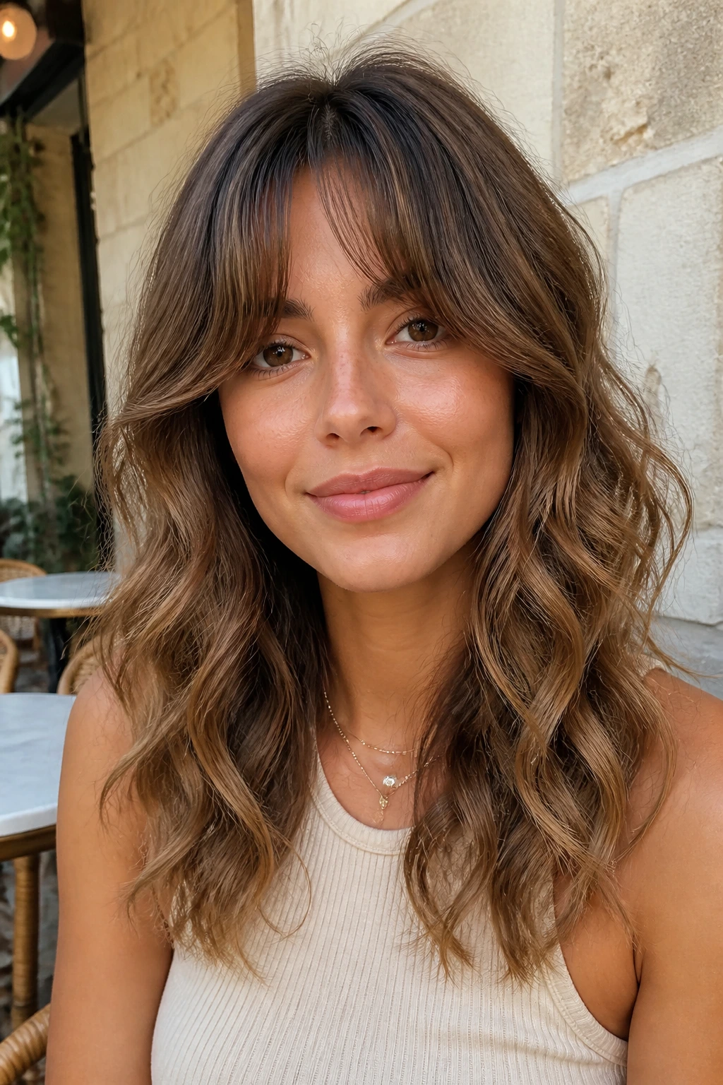 Close-up of a woman with bottleneck bangs and gentle wave ends