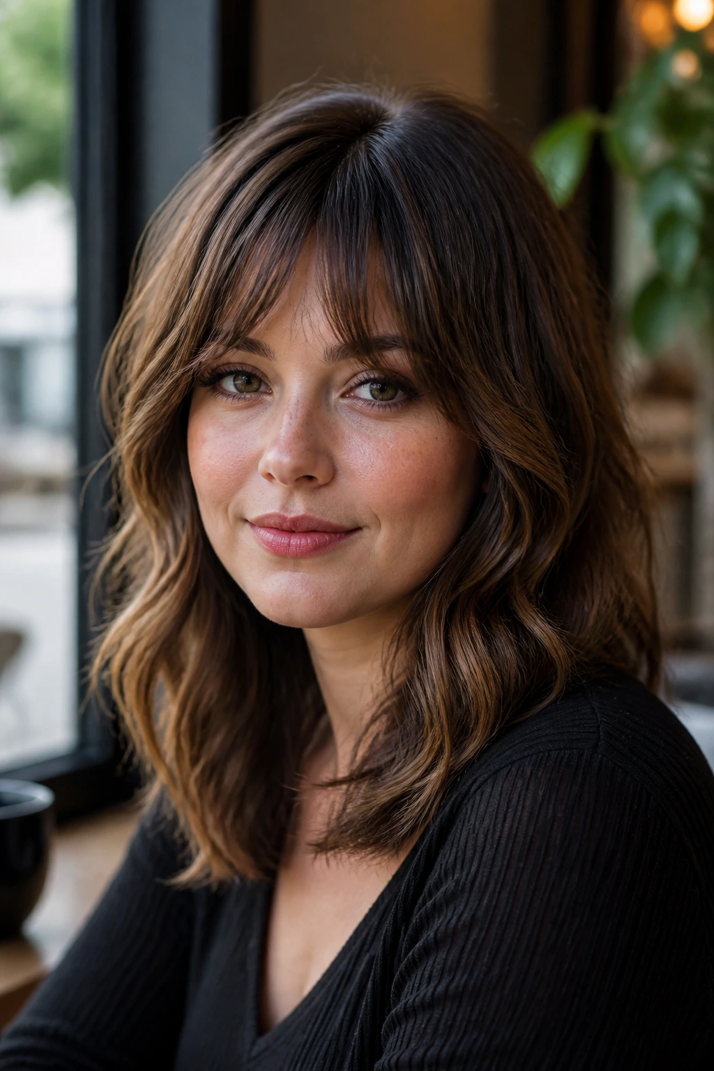 Real woman with bottleneck bangs and mid-length waves