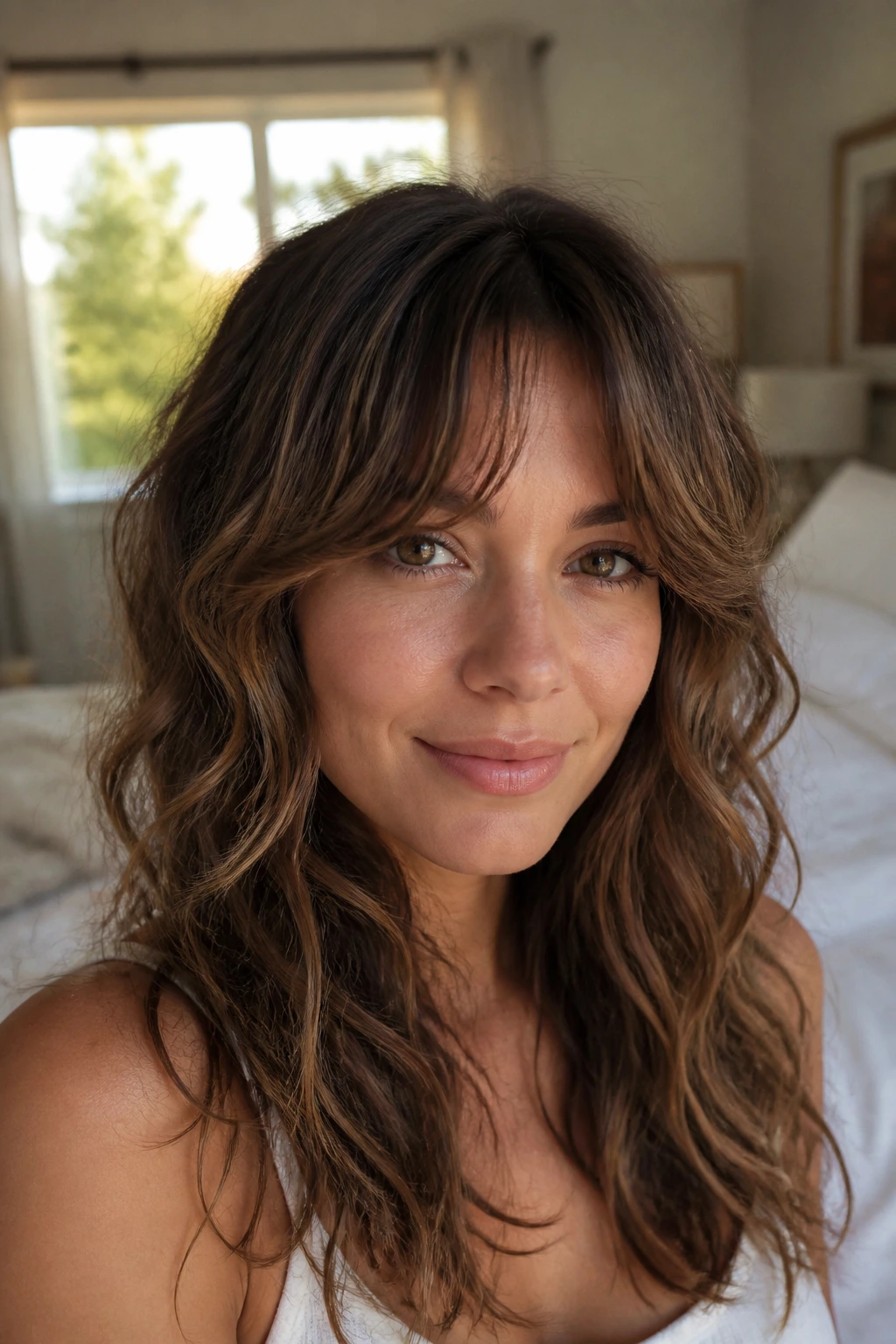 Close-up of a real woman with bottleneck bangs blending into waves