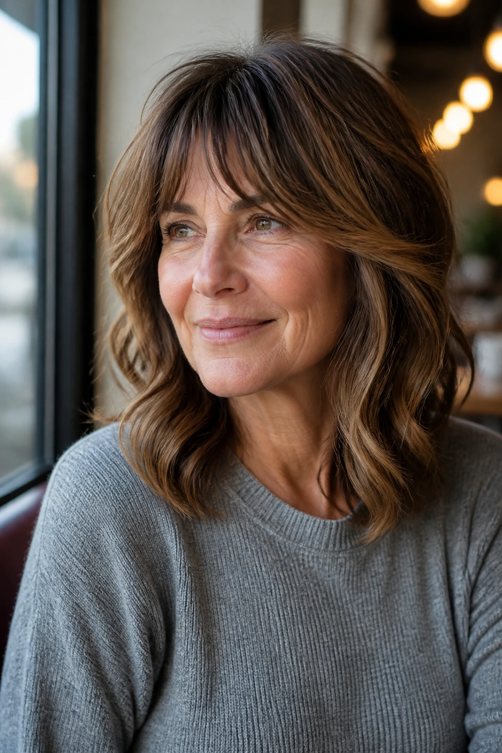 Real woman with bottleneck bangs and shoulder-length waves in soft morning light