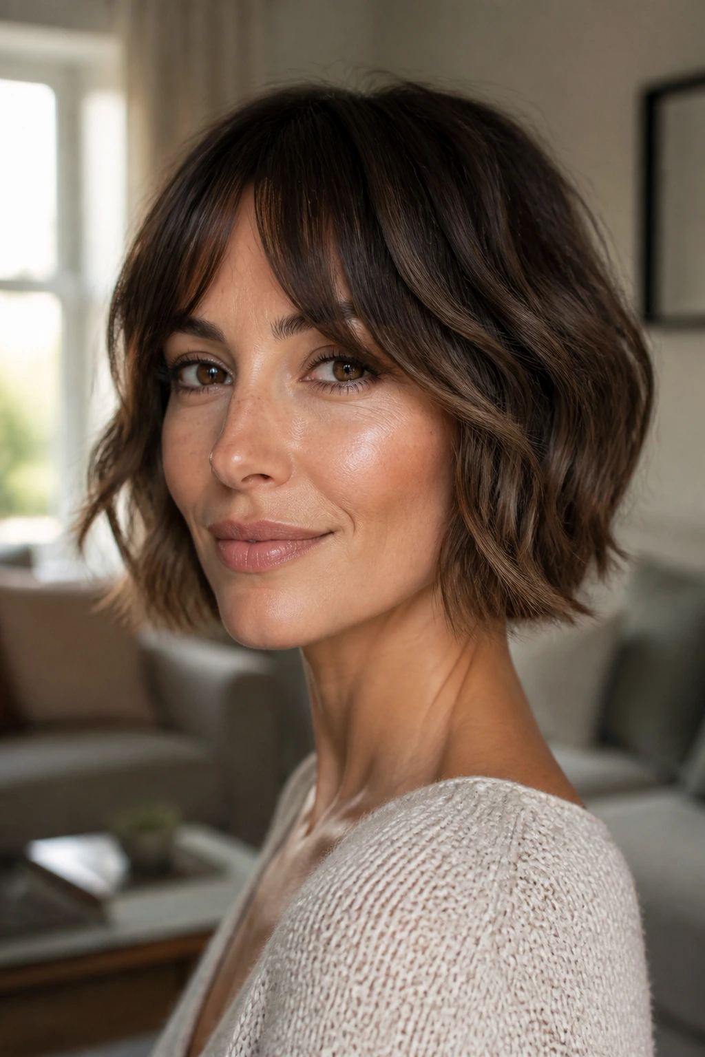 Close-up portrait of a real person with bottleneck bangs on a wavy bob in a cozy setting
