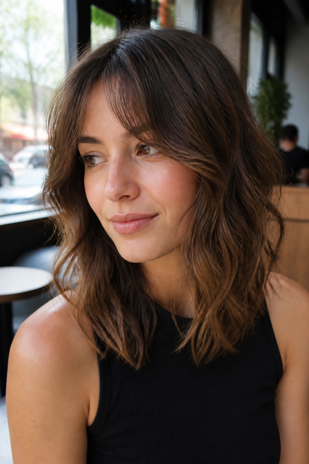 Close-up of bottleneck bangs and cheekbone-framing wavy midi on a real woman