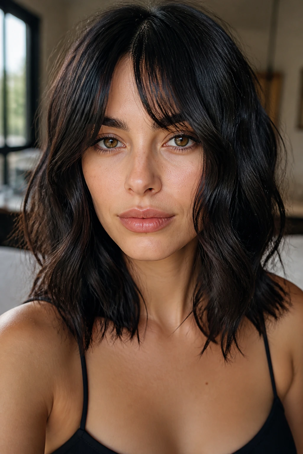 Close-up of real woman with bottleneck bangs and wavy midlength cut