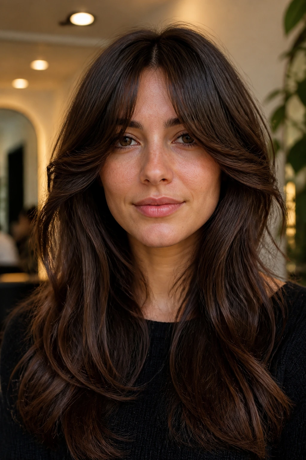 Portrait of a woman with bottleneck bangs, narrow center and wider edge sweep.