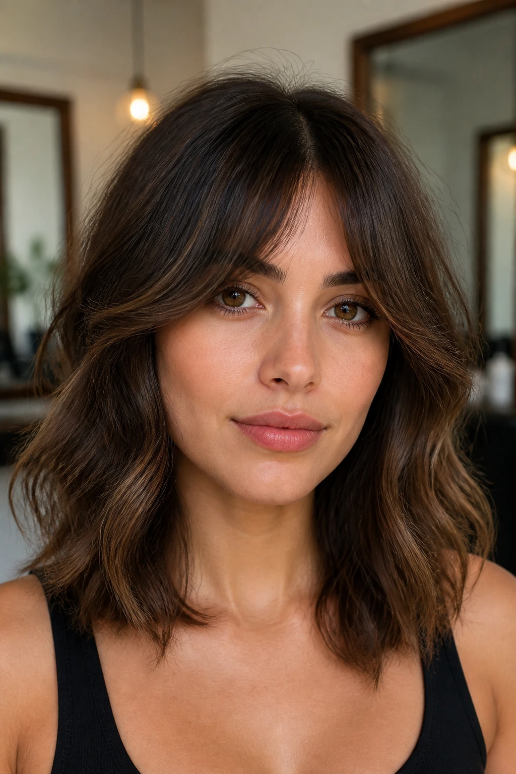 Real woman with bottleneck bangs and wide outer wings in close-up portrait