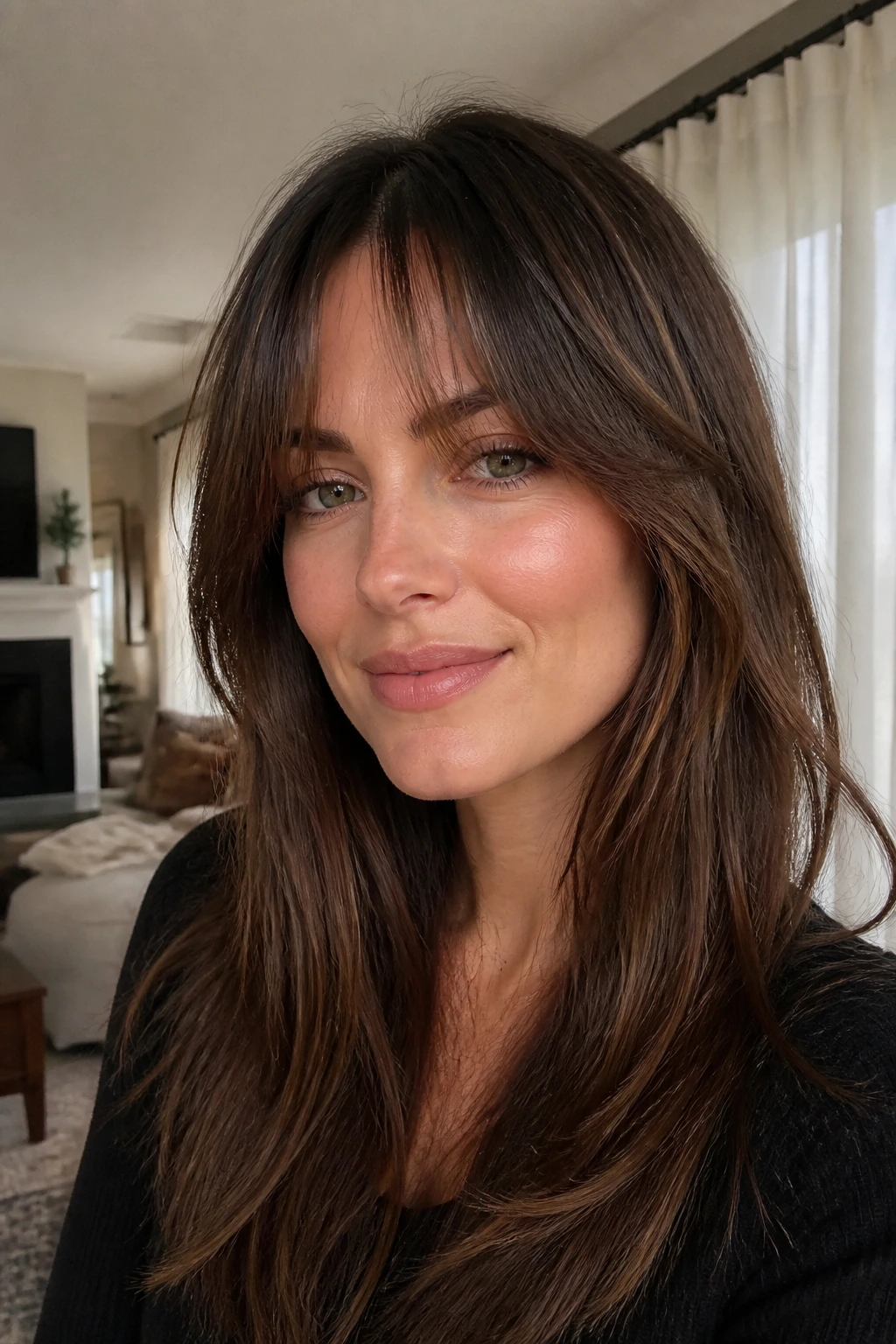 Close-up of a woman with bottleneck bangs and a wispy center