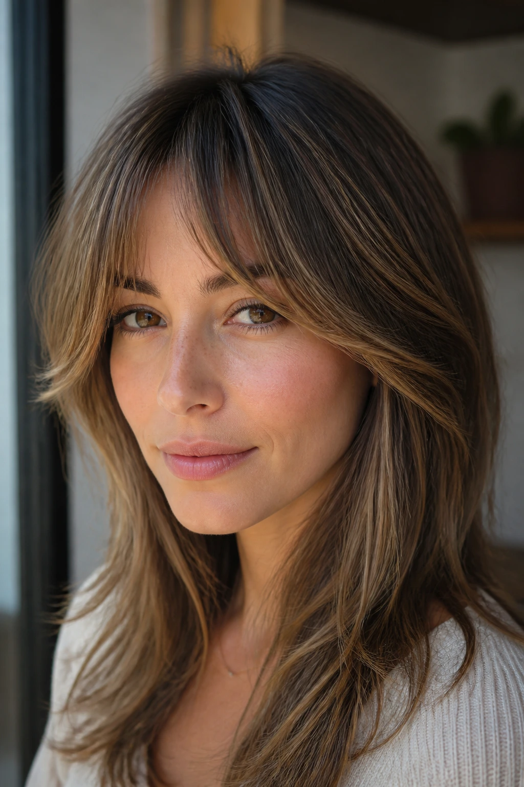 Close-up portrait of a real woman with bottleneck bangs and wispy layers