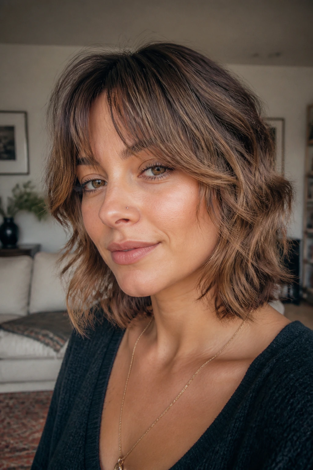 Close-up portrait of a real woman with bottleneck bangs on a wolfcut
