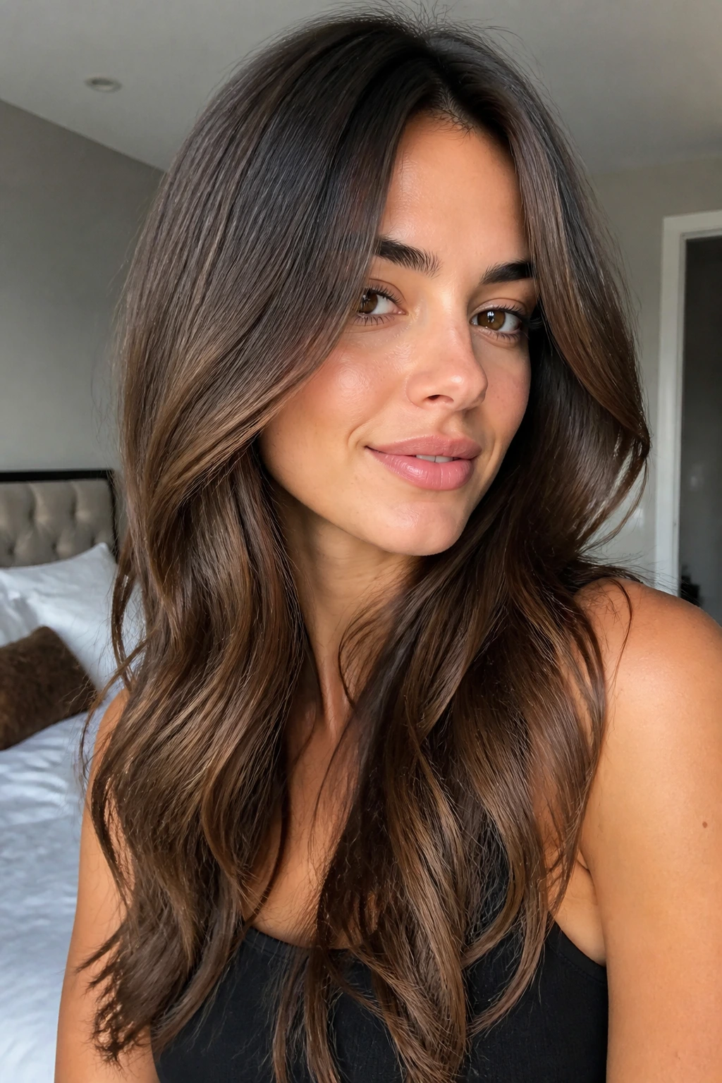 Close-up of a real woman with bottleneck blend layers shaping the face frame