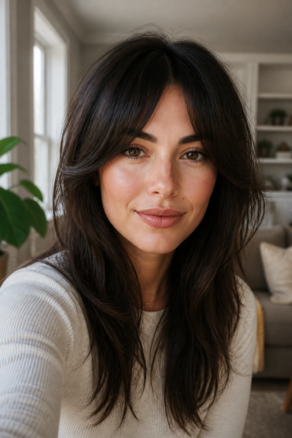 Close-up portrait of a real woman with bottleneck crescent bangs