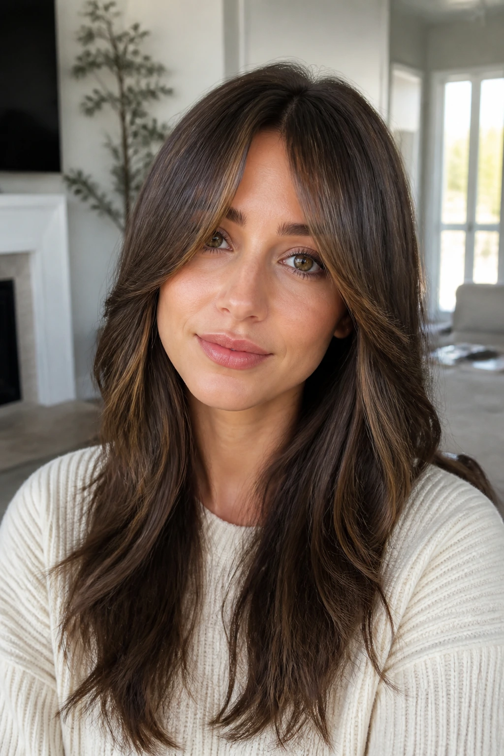 Close-up portrait of a real person wearing bottleneck-curtain hybrid bangs with center tapering fringe