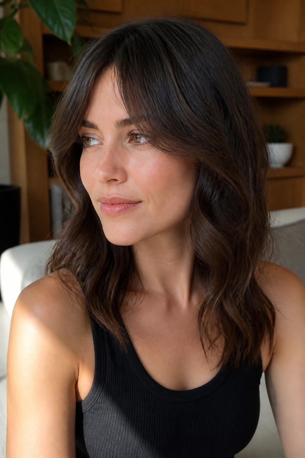 Portrait of a real person wearing bottleneck frame bangs that narrow at center and widen toward temples