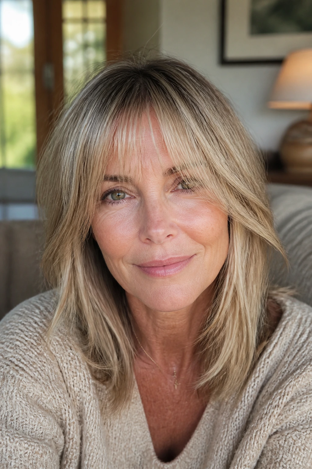 Close-up portrait of a real woman with bottleneck fringe and longer sides