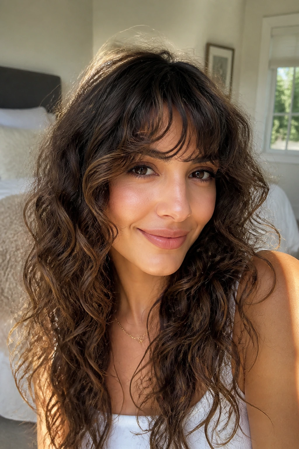 Close-up of a real woman featuring bottleneck fringe and cheekbone-softening curves.