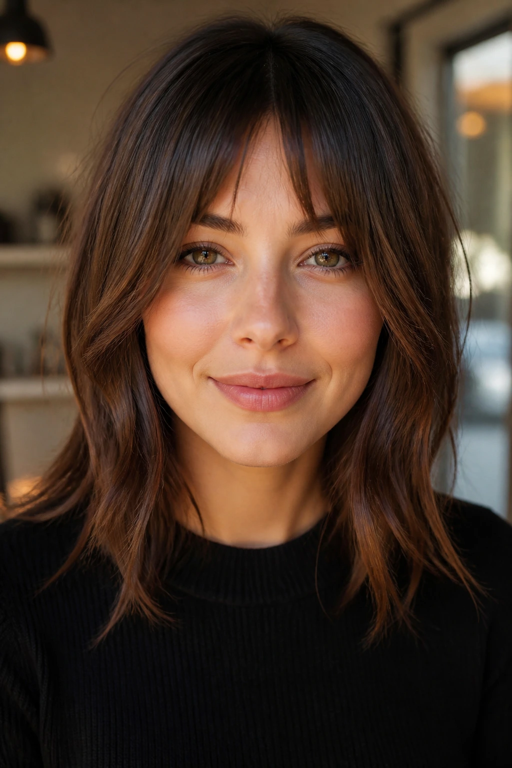 Portrait of a real woman with bottleneck choppy fringe