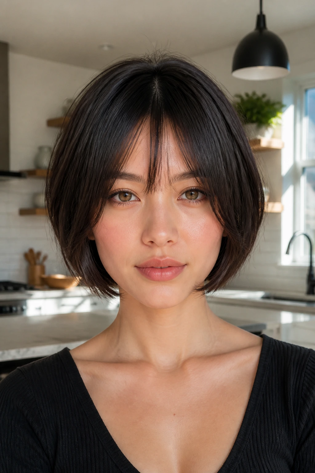 Close-up of a woman with bottleneck fringe in a chin-length crop in a bright kitchen