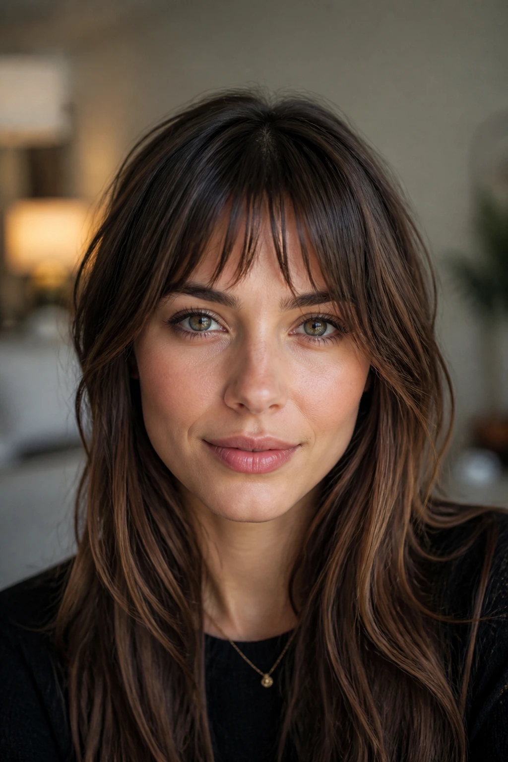 Portrait of woman with bottleneck choppy fringe
