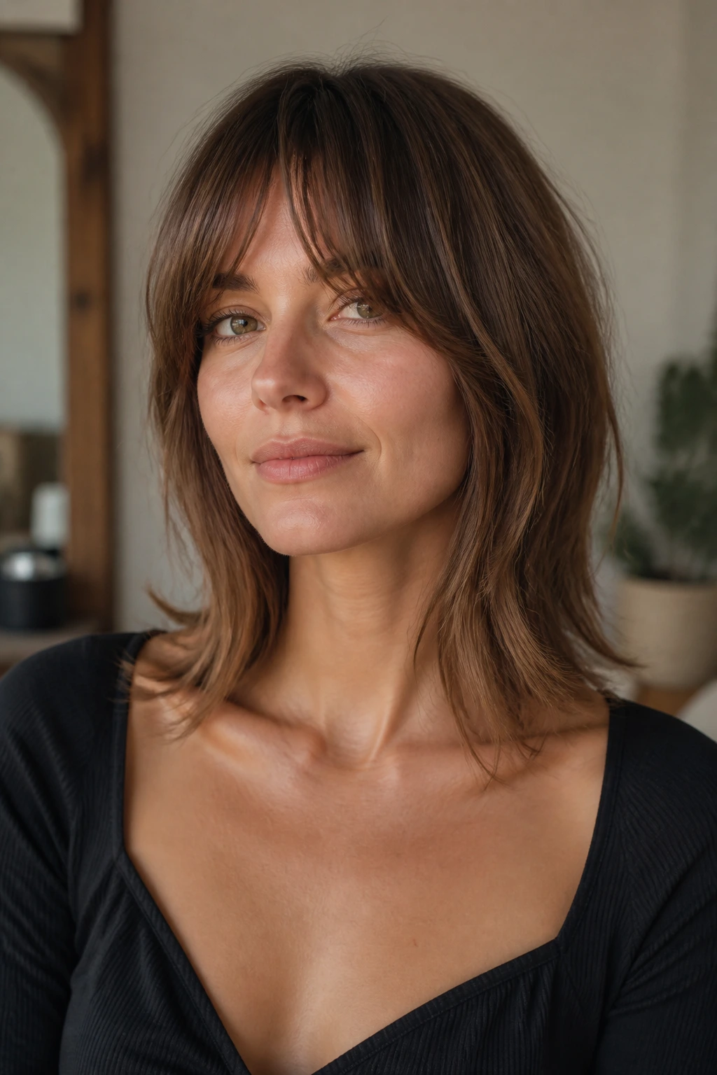 Close-up of a real woman with bottleneck fringe and collarbone sweep