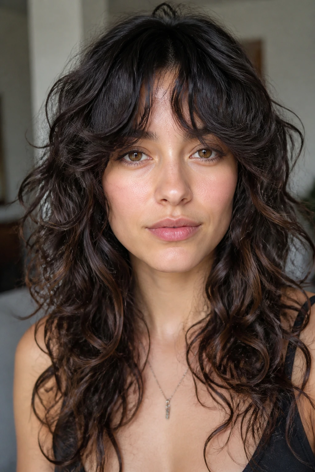 Portrait of woman with bottleneck fringe curly shag