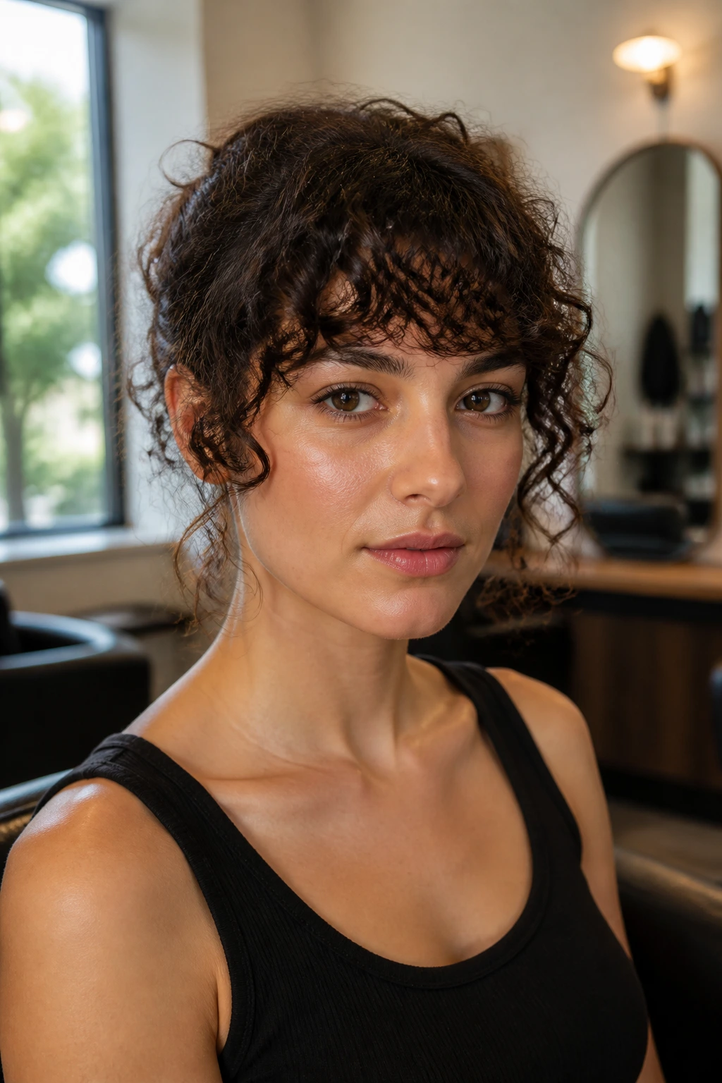 Close-up portrait of a woman with bottleneck fringe and curly temples in natural window light