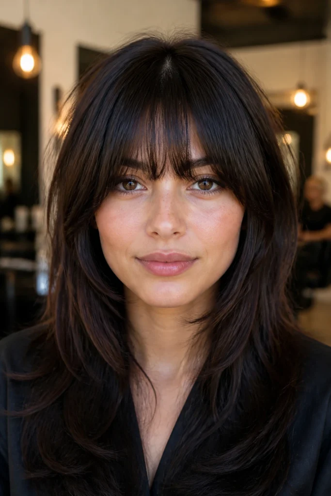 30 Long Thick Layered Bangs for Round Faces