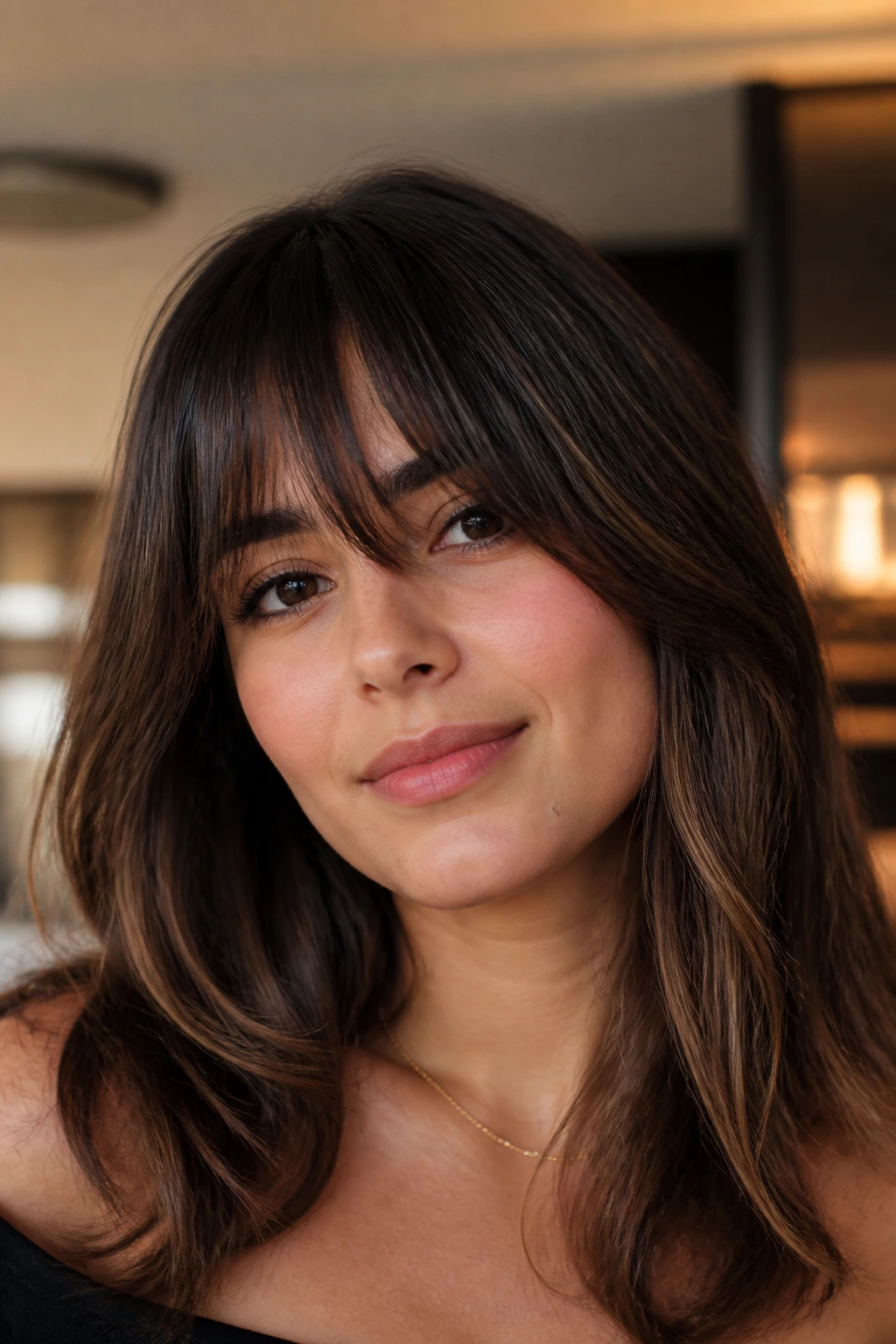 Close-up of bottleneck fringe with dense center and soft sides on a real person.