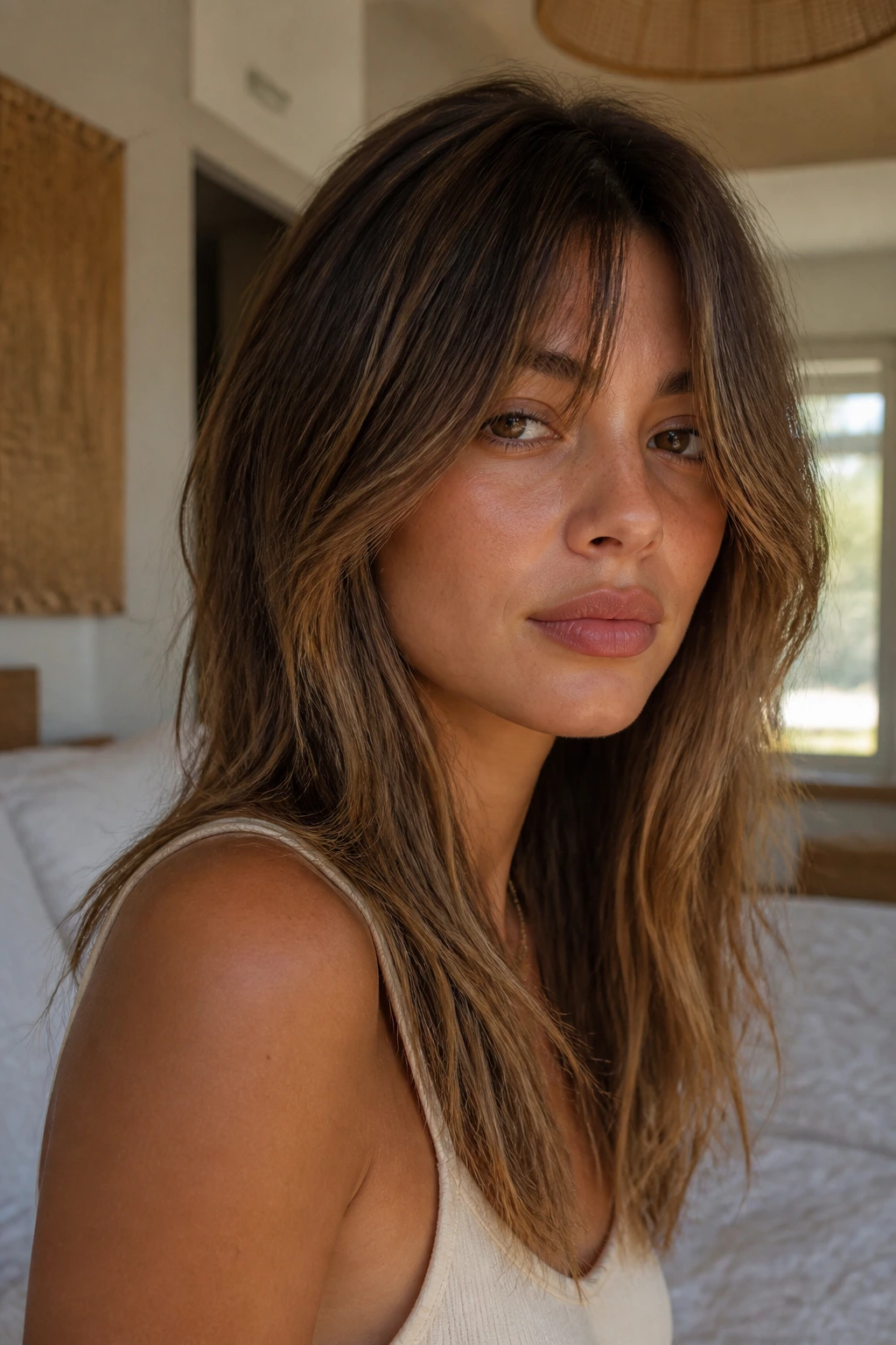 Close-up of a real person with bottleneck fringe blending into face-framing layers in soft window light
