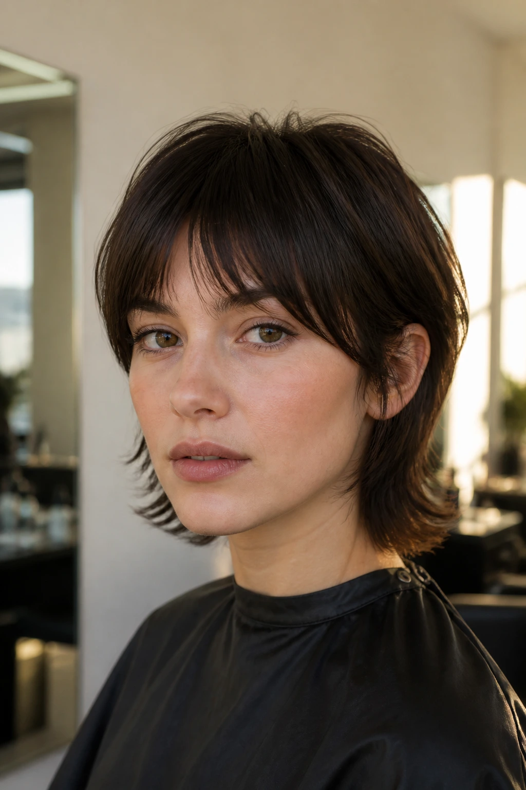 Close-up portrait of a real person with bottleneck fringe and flicked-out ends on straight hair