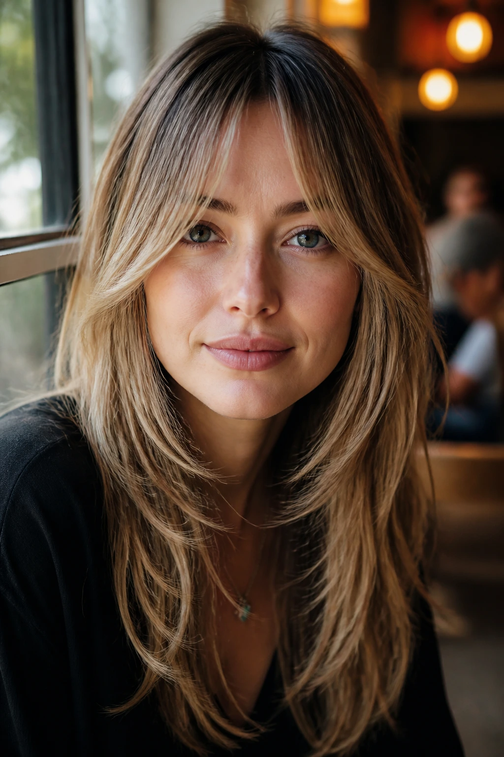Close-up portrait of a real woman with bottleneck fringe and layered ends near a cafe window