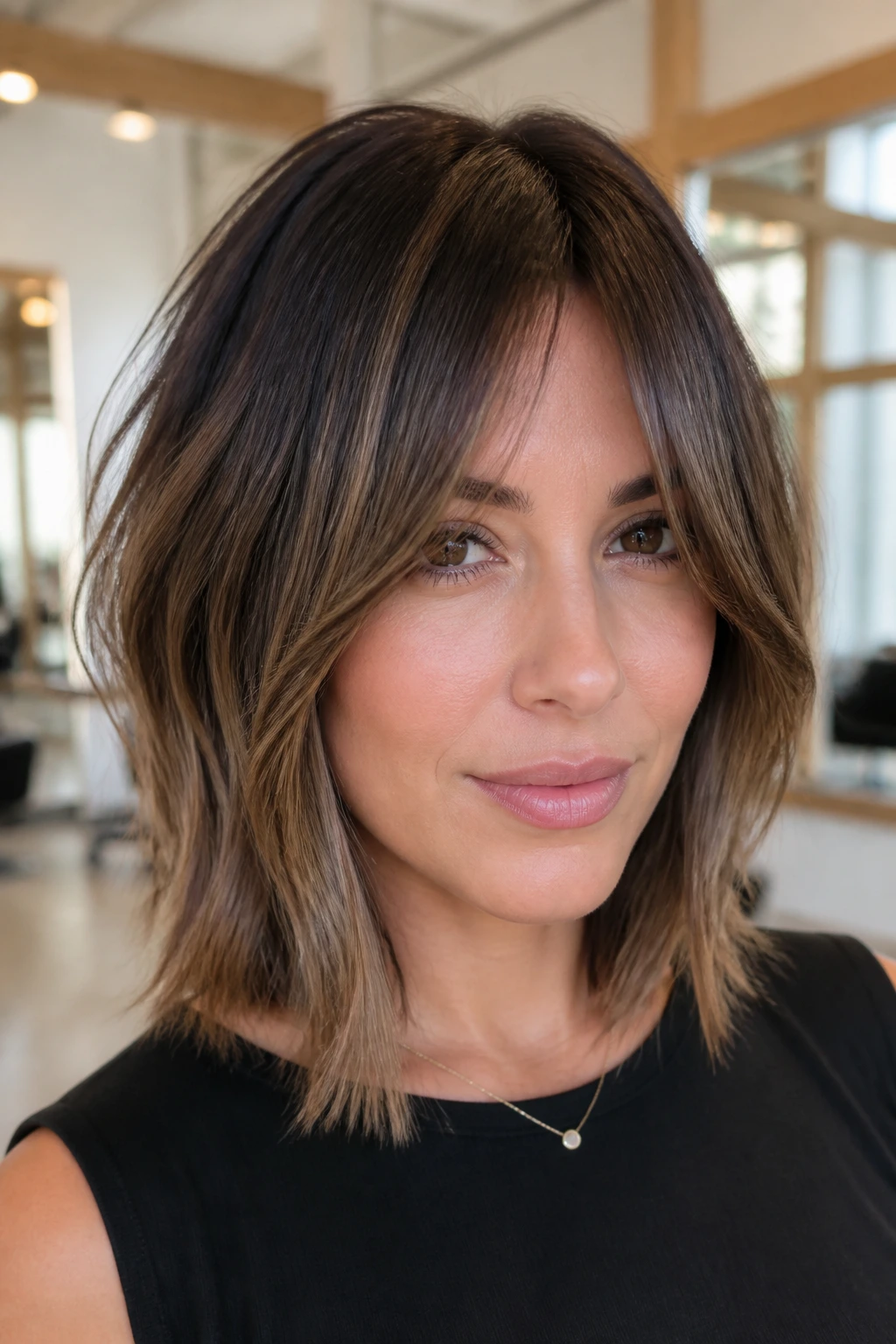 Close-up of real woman with bottleneck fringe and cheek-skimming layers