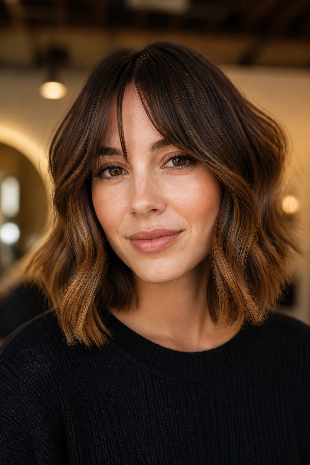 Close-up of a real woman wearing a bottleneck fringe lob with a center-origin fringe blending into the sides.