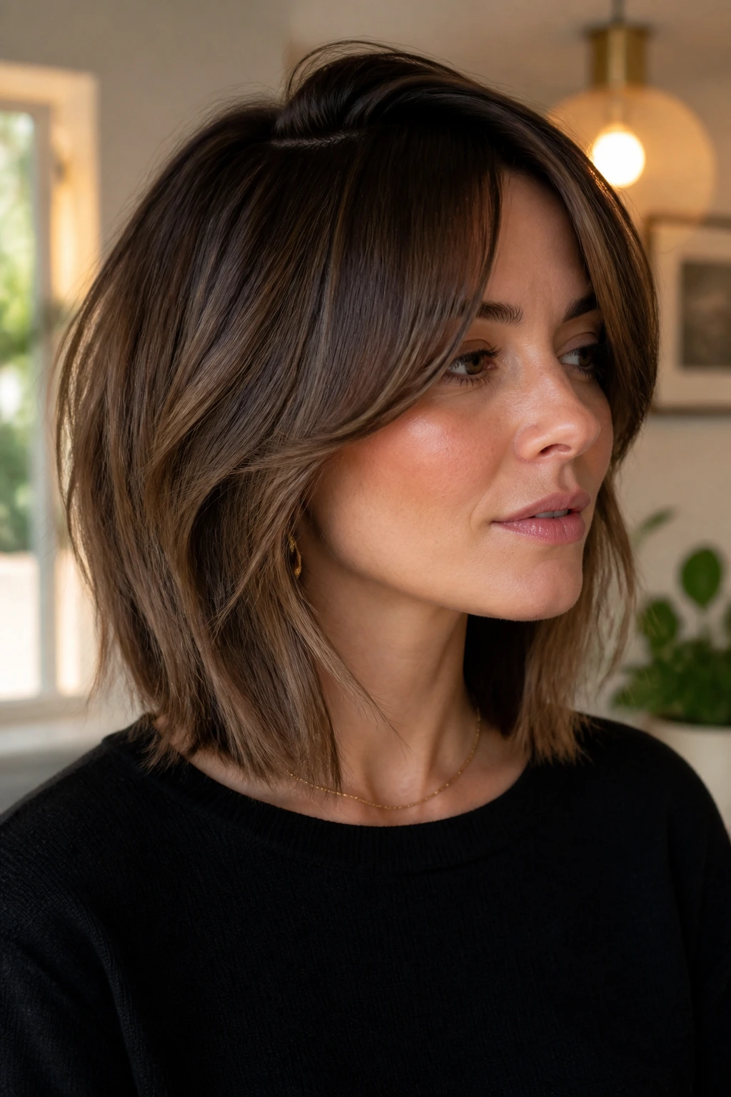 Portrait of a real woman with bottleneck fringe lob bending at the cheekbones in warm light