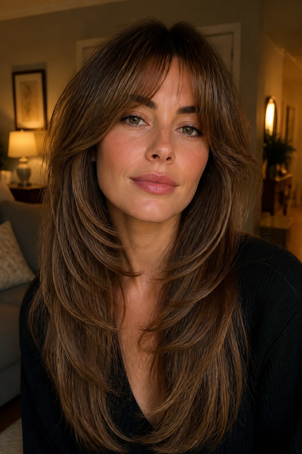 Close-up of a real woman with bottleneck fringe and long body layers