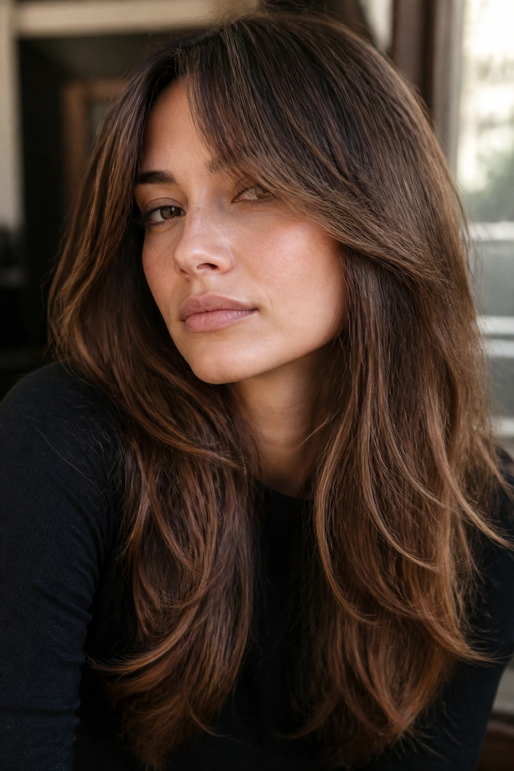 Portrait of a real person with bottleneck fringe and long layers framing the face.