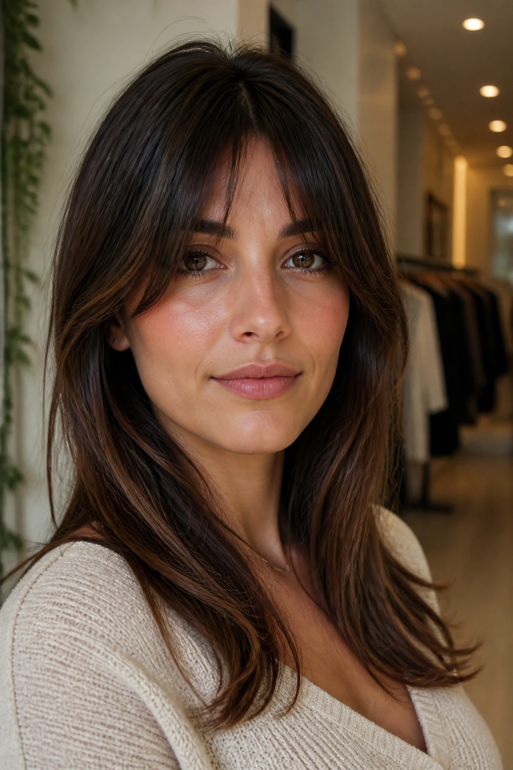 Real woman wearing bottleneck fringe with longer corners.