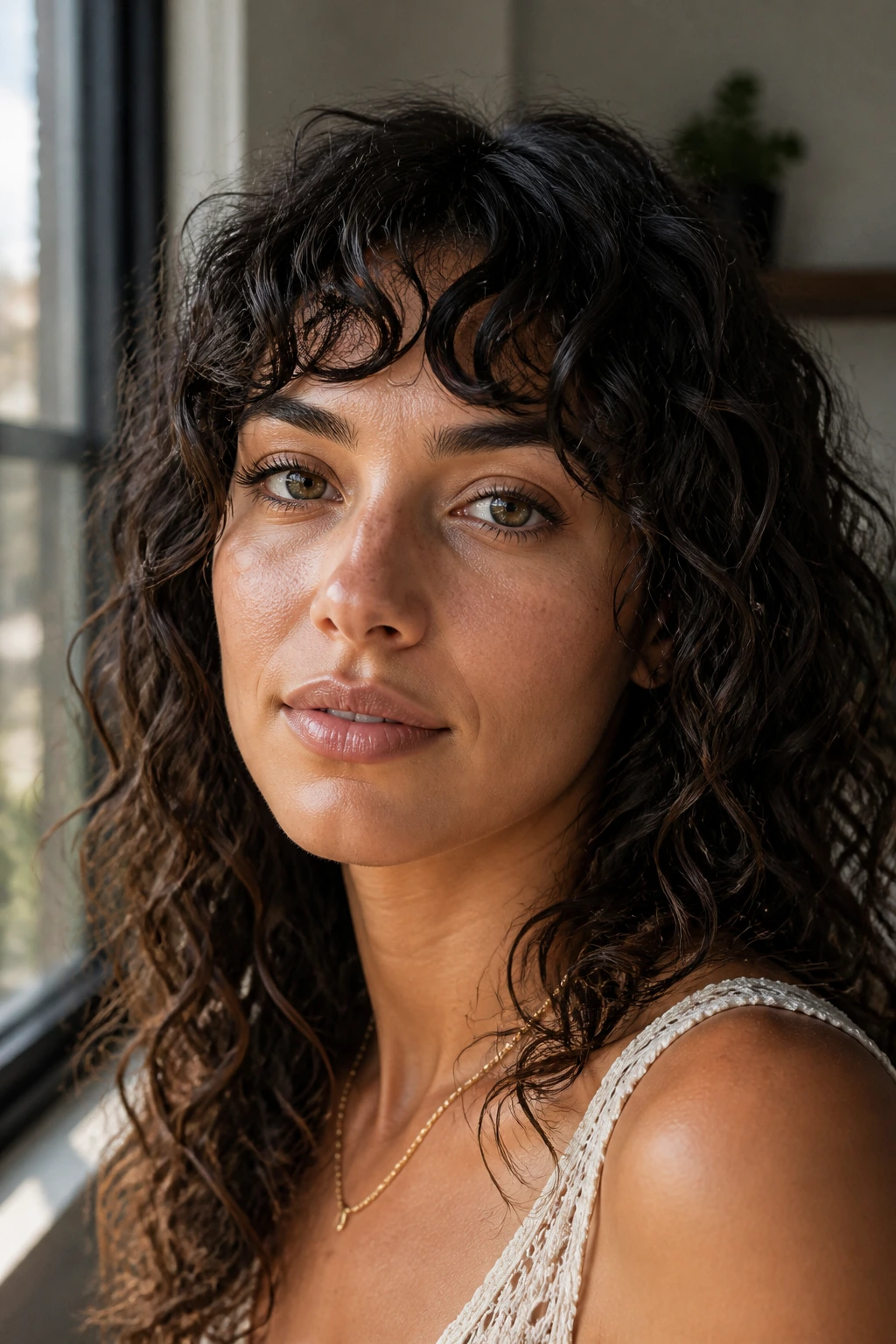 Close-up portrait of a real woman with bottleneck fringe framing an oval face
