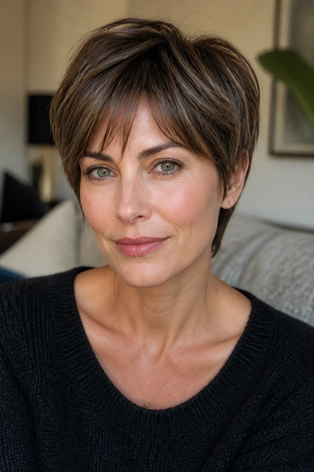 Close-up portrait of a real woman with bottleneck fringe pixie hairstyle