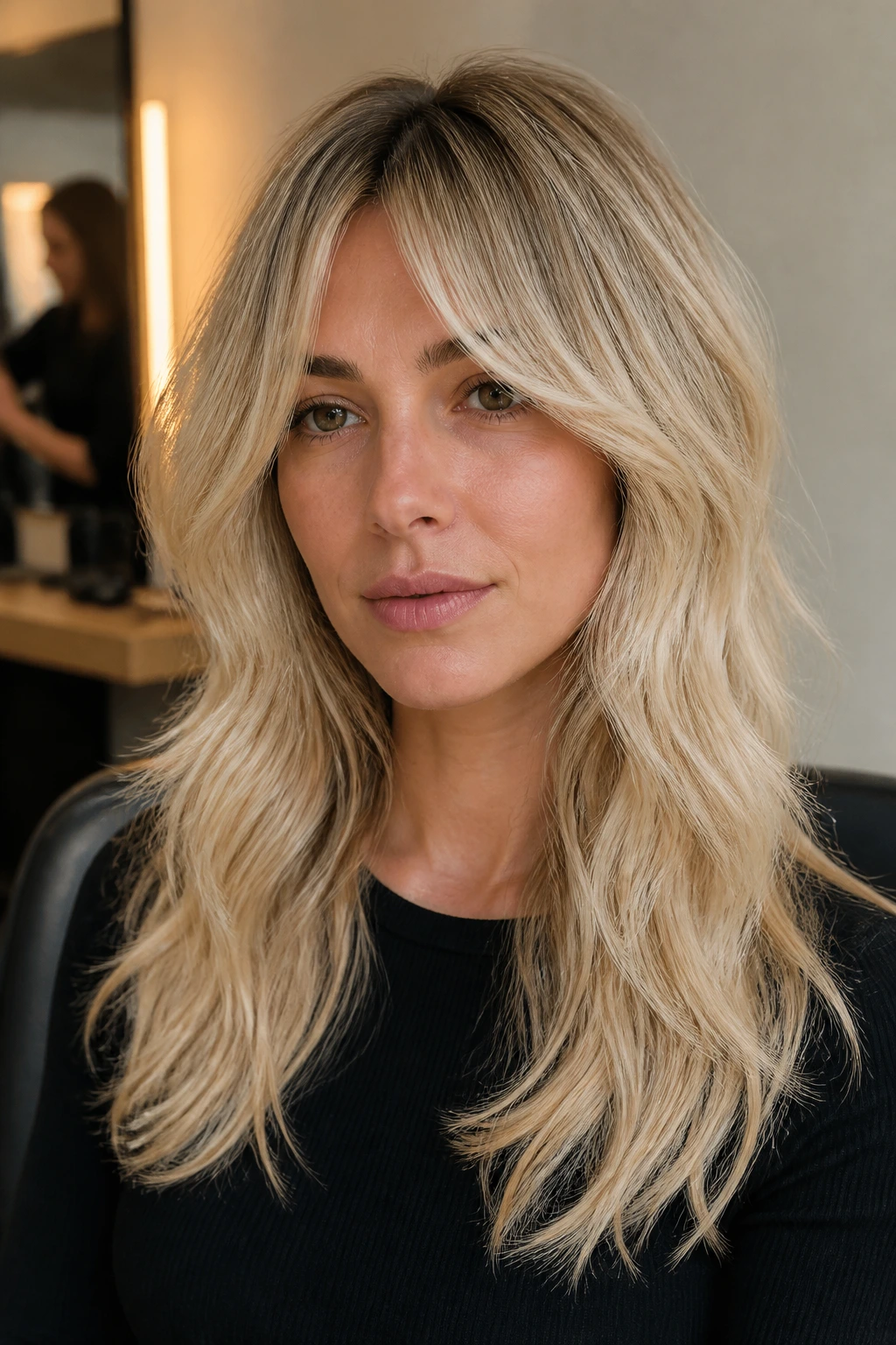 Real woman with bottleneck fringe shag, oval face, warm salon lighting