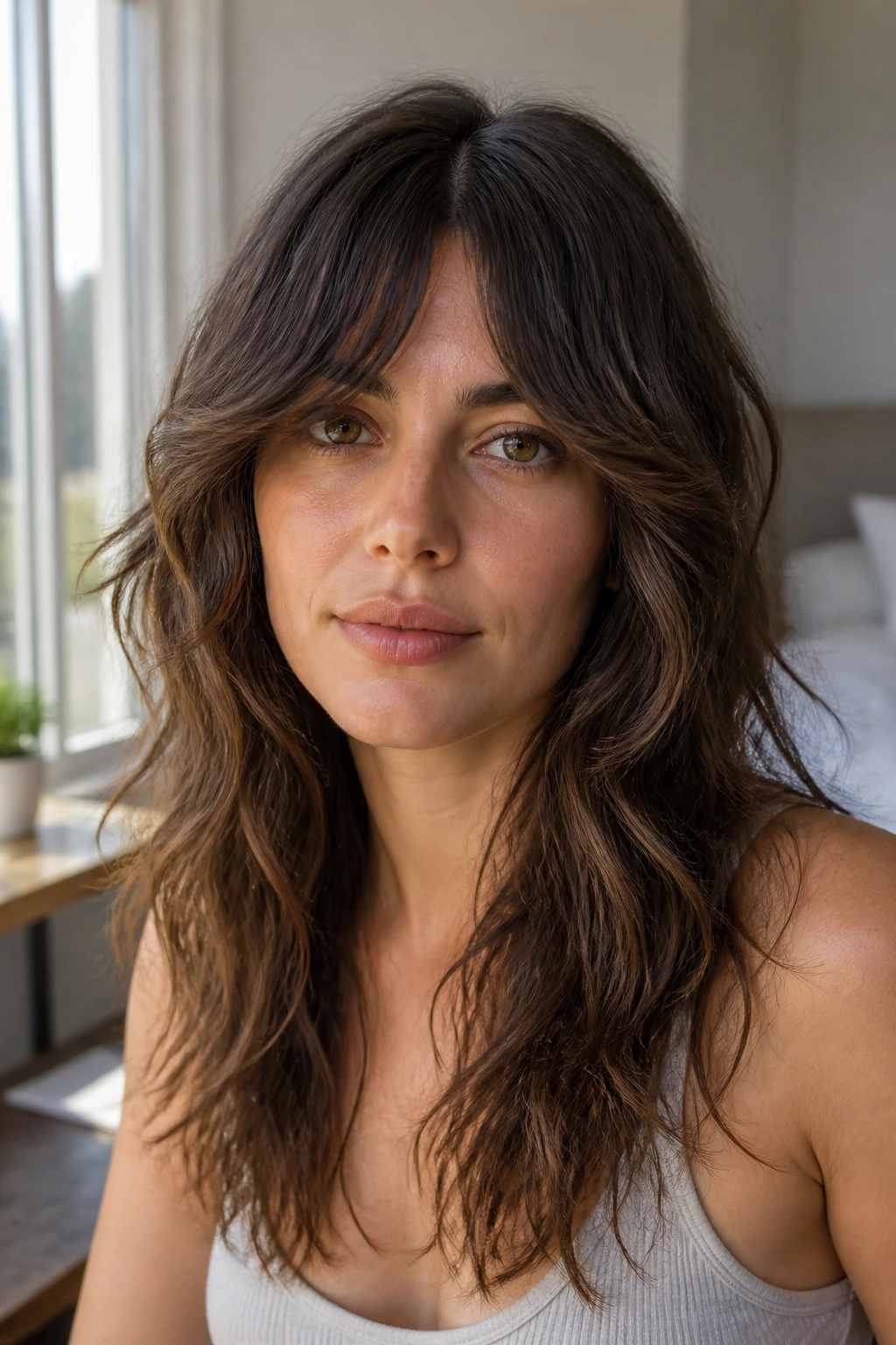 Close-up portrait of real person with bottleneck fringe on long wavy hair