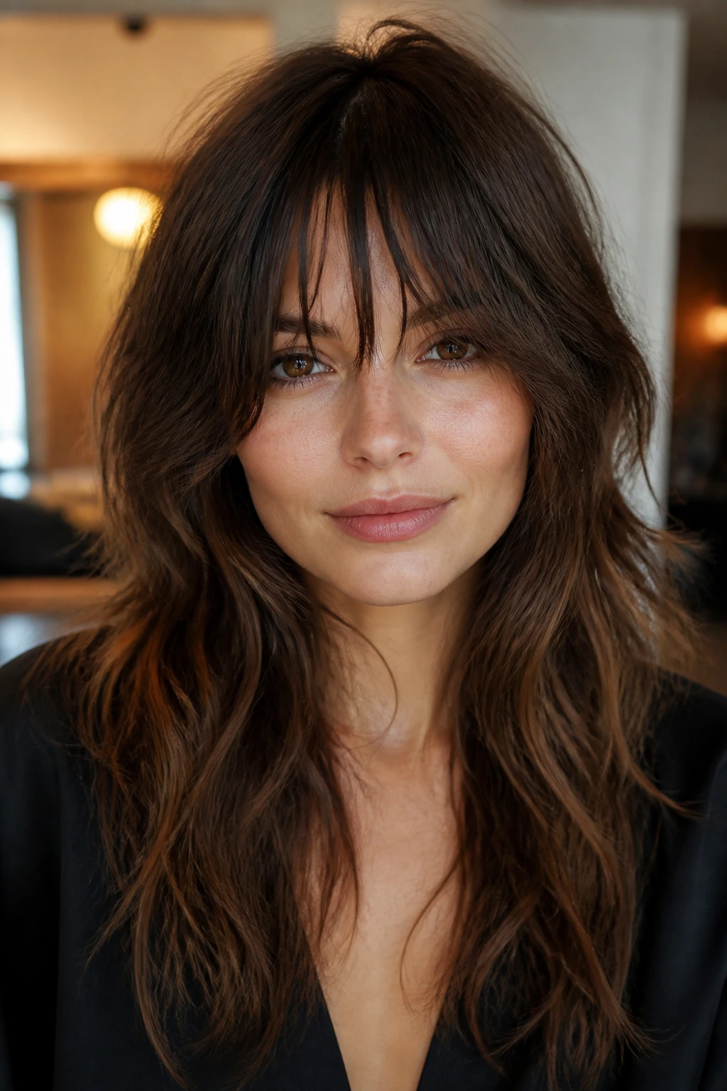 Portrait of a real woman with bottleneck fringe and soft shag layers