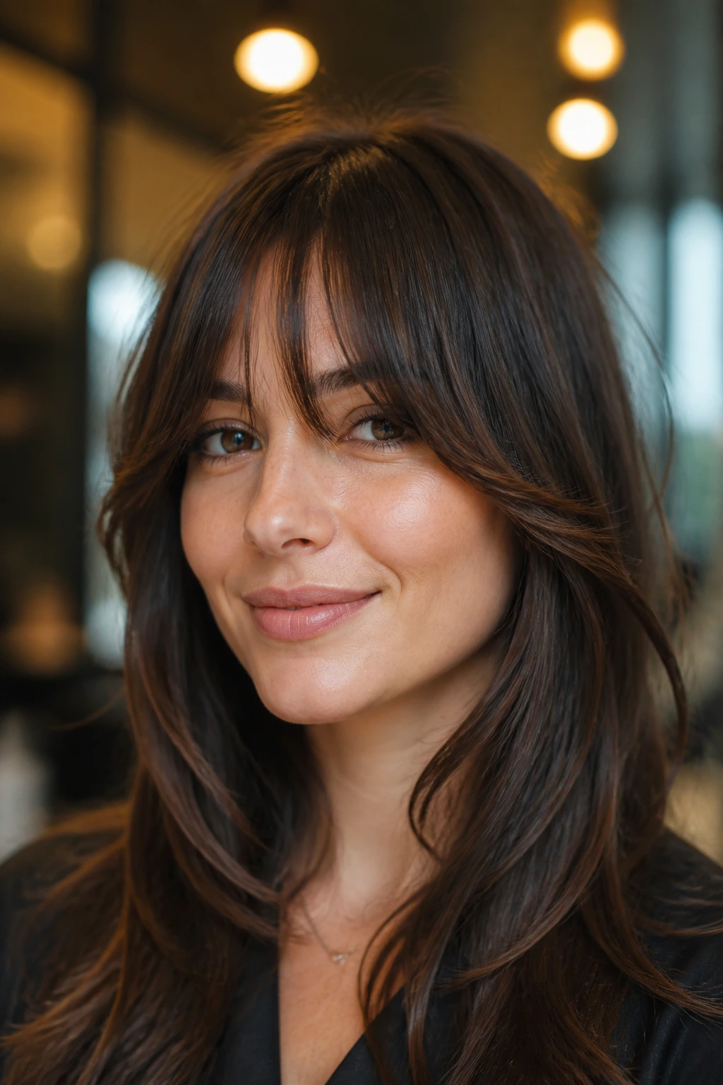 Close-up of bottleneck fringe with tapered cheek pieces grazing the face