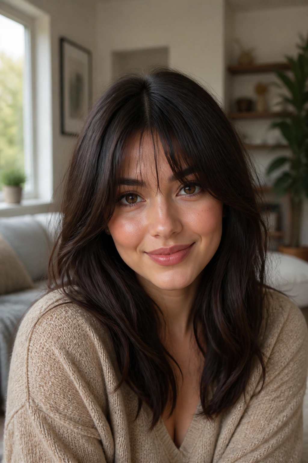 Real woman wearing bottleneck fringe with tapered ends