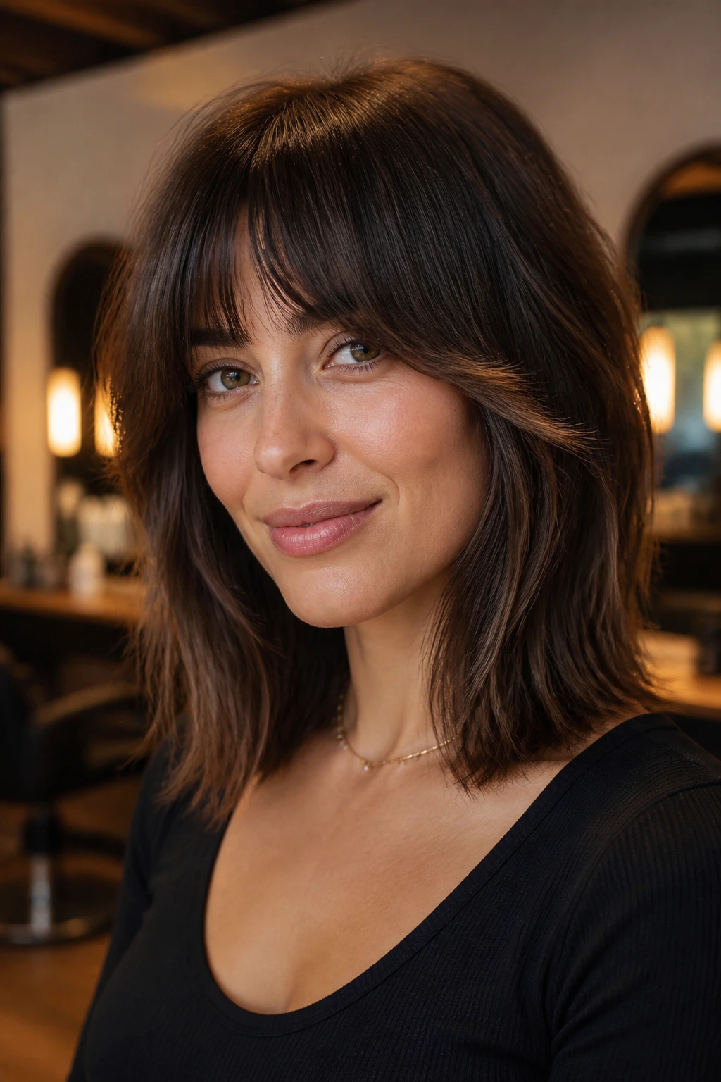 Close-up of a real woman with bottleneck fringe and temple layers, hair framing the sides.