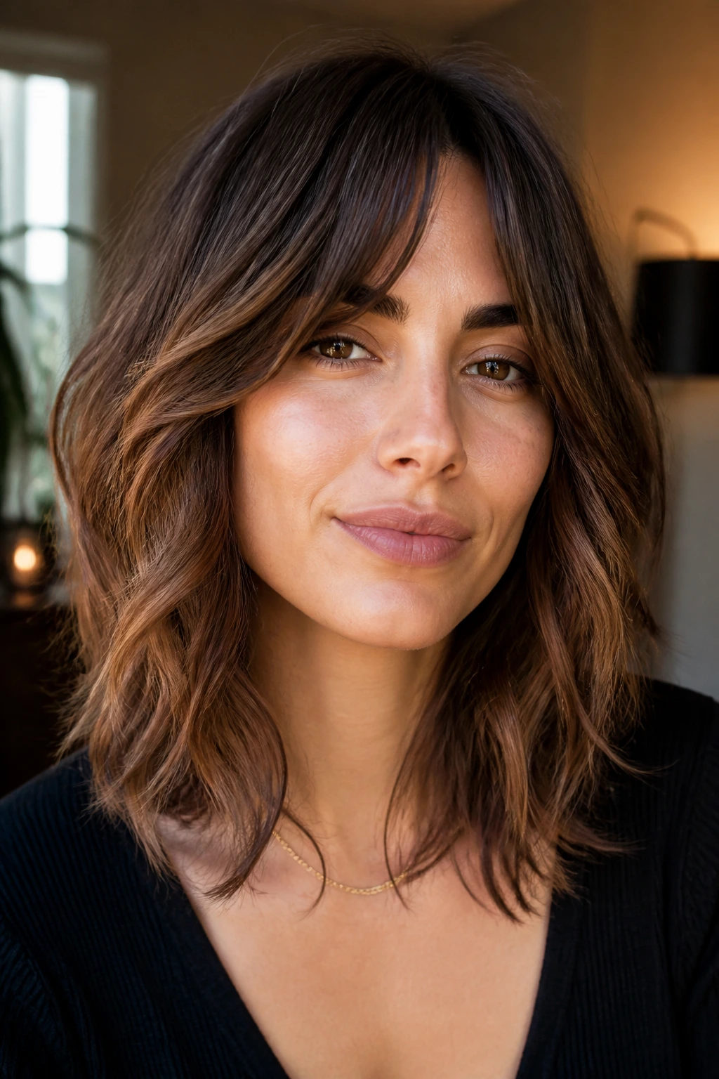 Portrait of a real woman with bottleneck lob shag and center-opening fringe