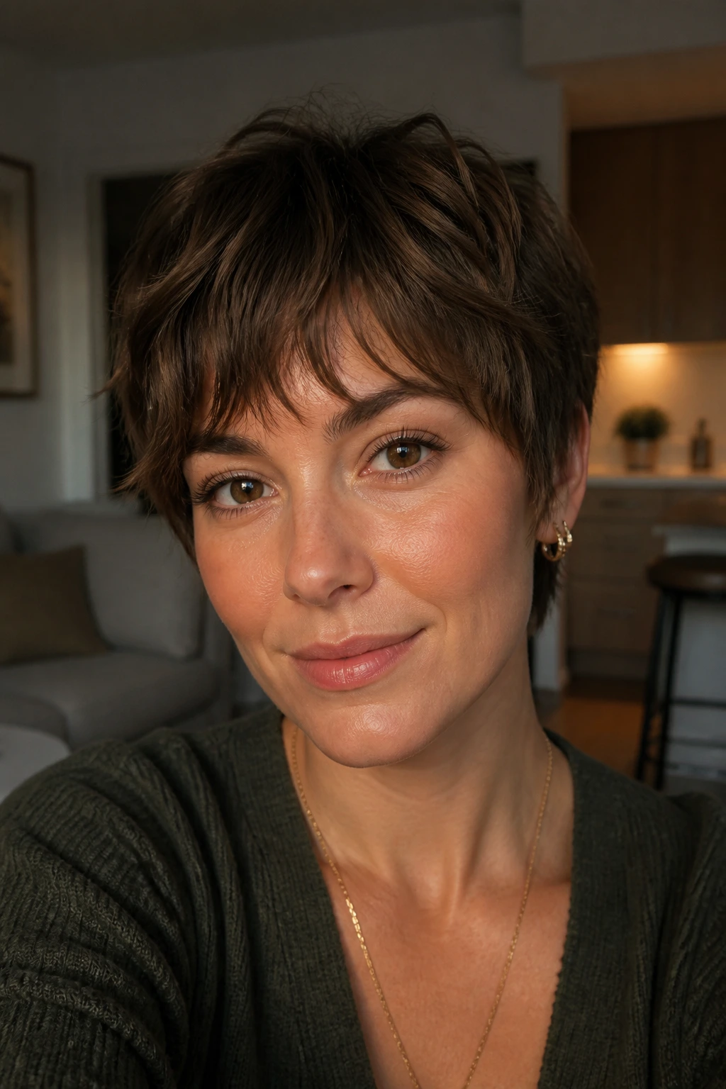 Close-up portrait of a real woman with a textured pixie and bottleneck bangs, soft indoor lighting.