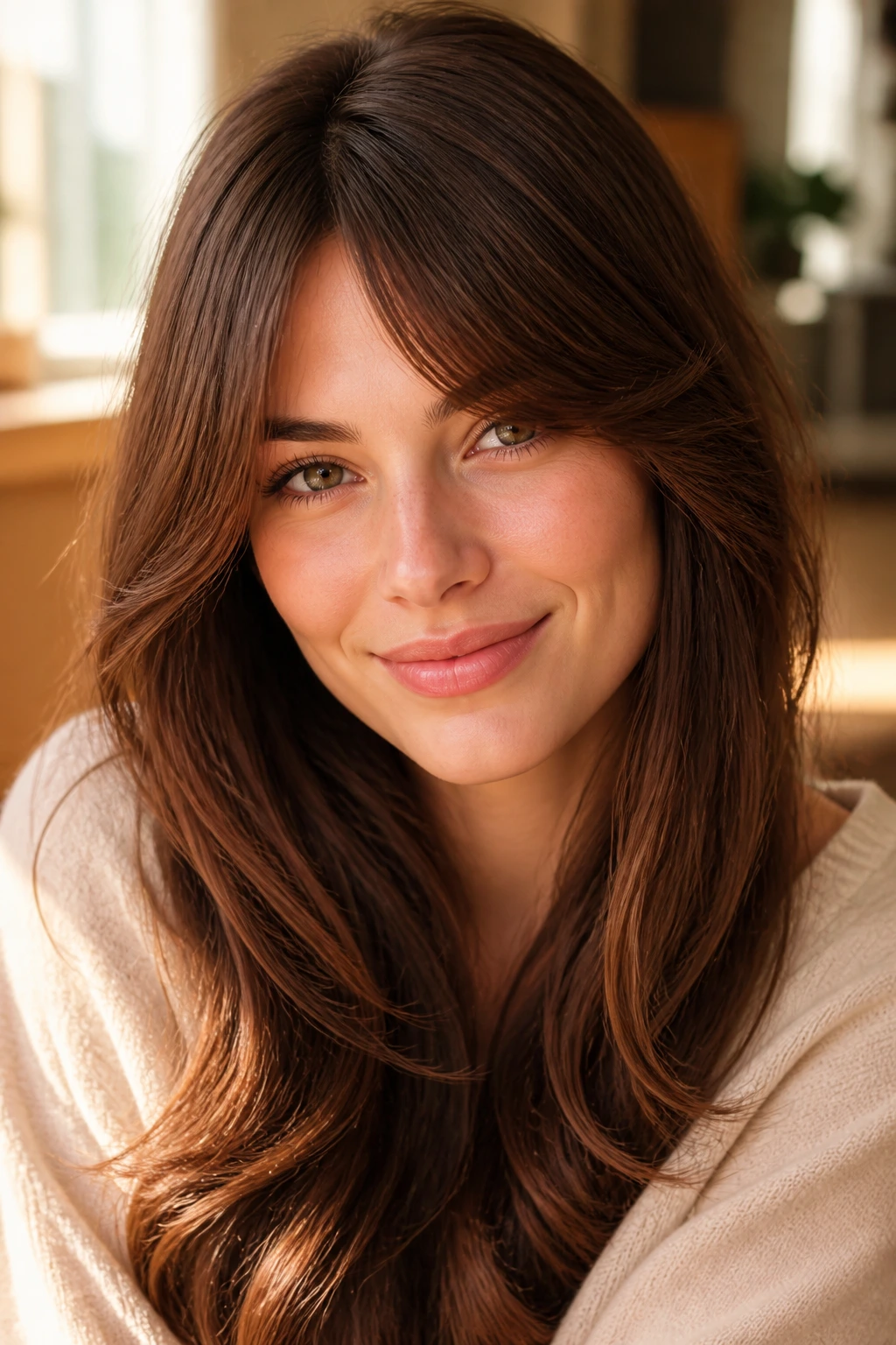 Close-up portrait of a real woman with bottleneck side-swept bangs framing her face